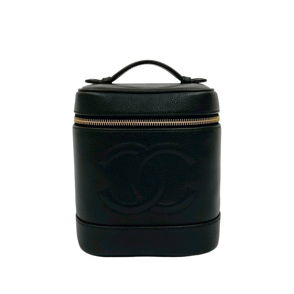 CHANEL Black Caviar Leather Logo Vanity Bag